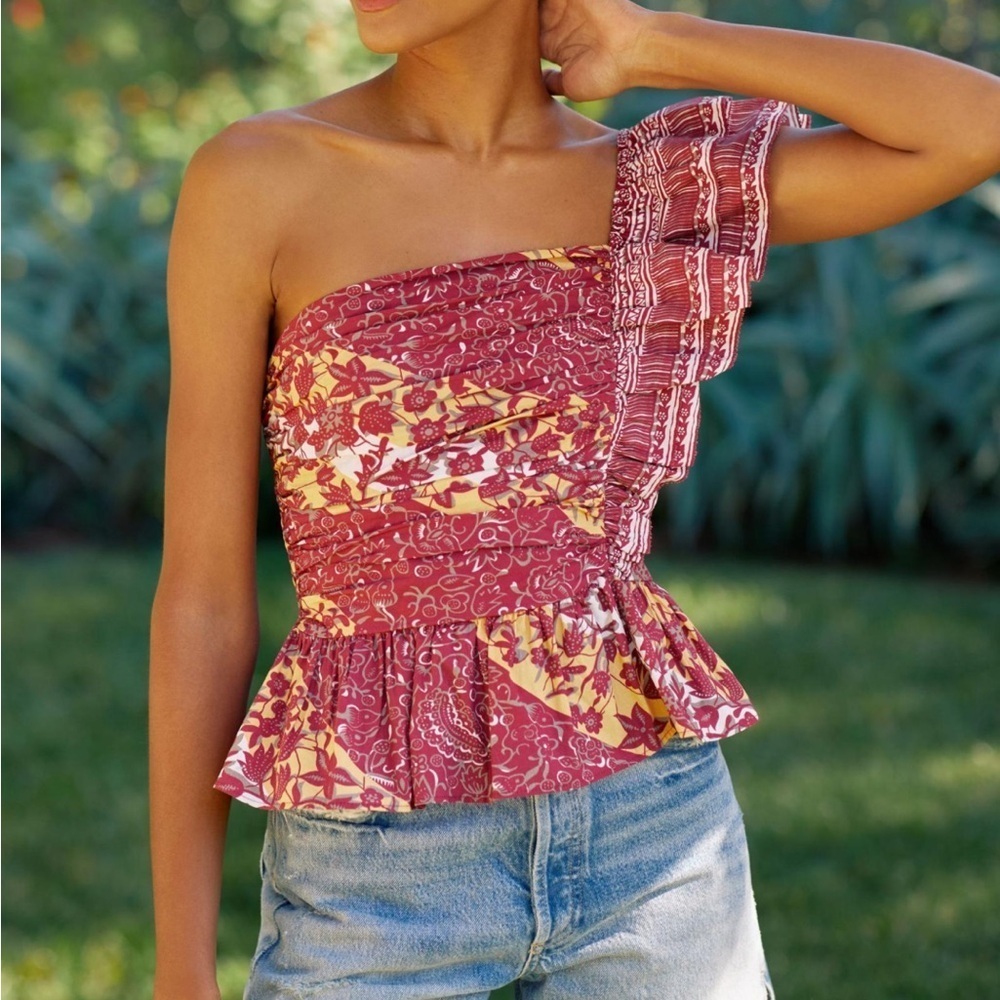 Anthropologie Love The Label One Shoulder Smoked Top Xs